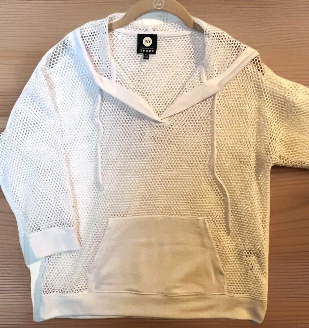 Jones NY Sports Petite Hoodie Cover Up White Mesh Front Pocket Knit Cuff Hems PM